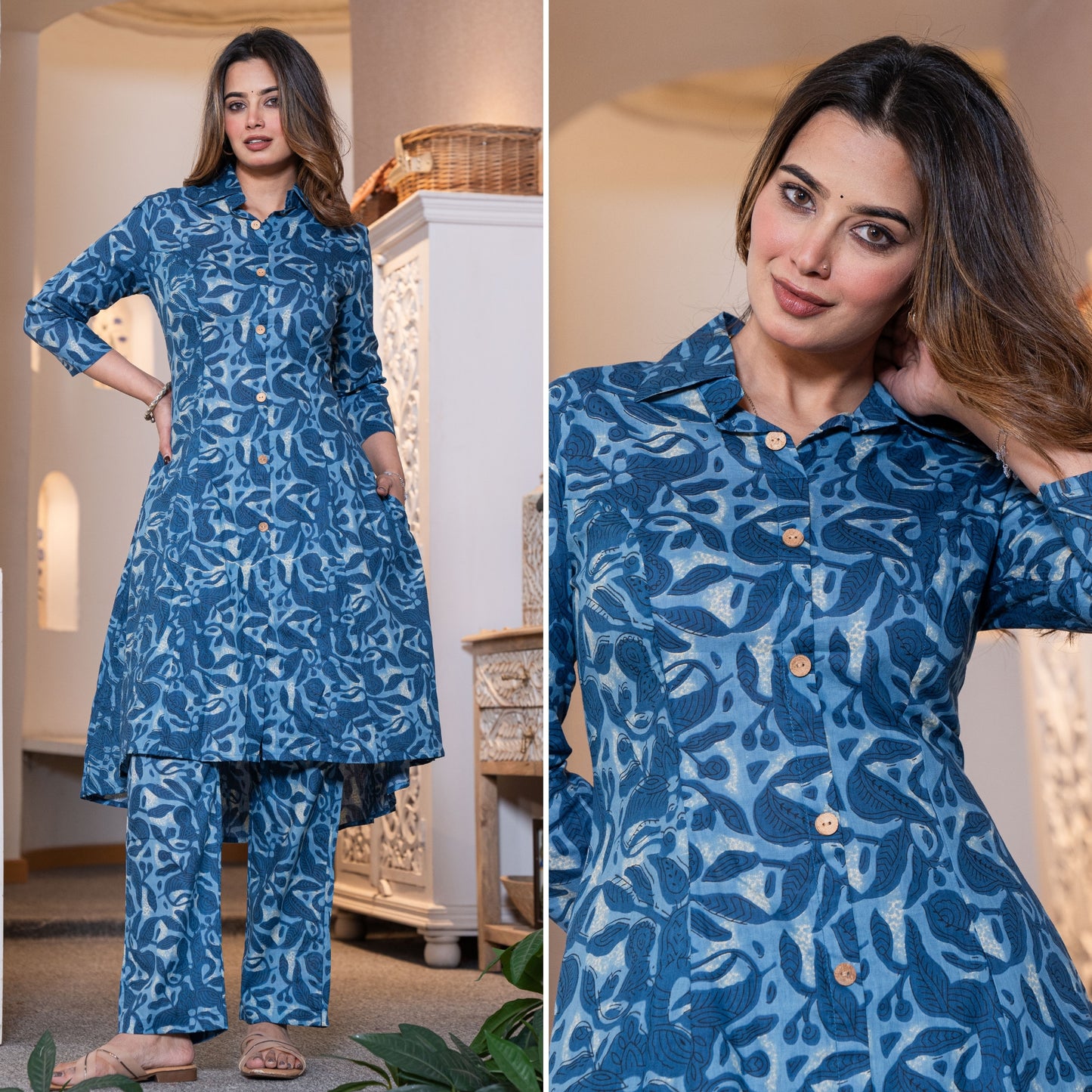 Rustic Petals Blue Printed Cotton Co-ords Set