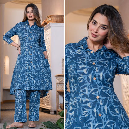 Rustic Petals Blue Printed Cotton Co-ords Set