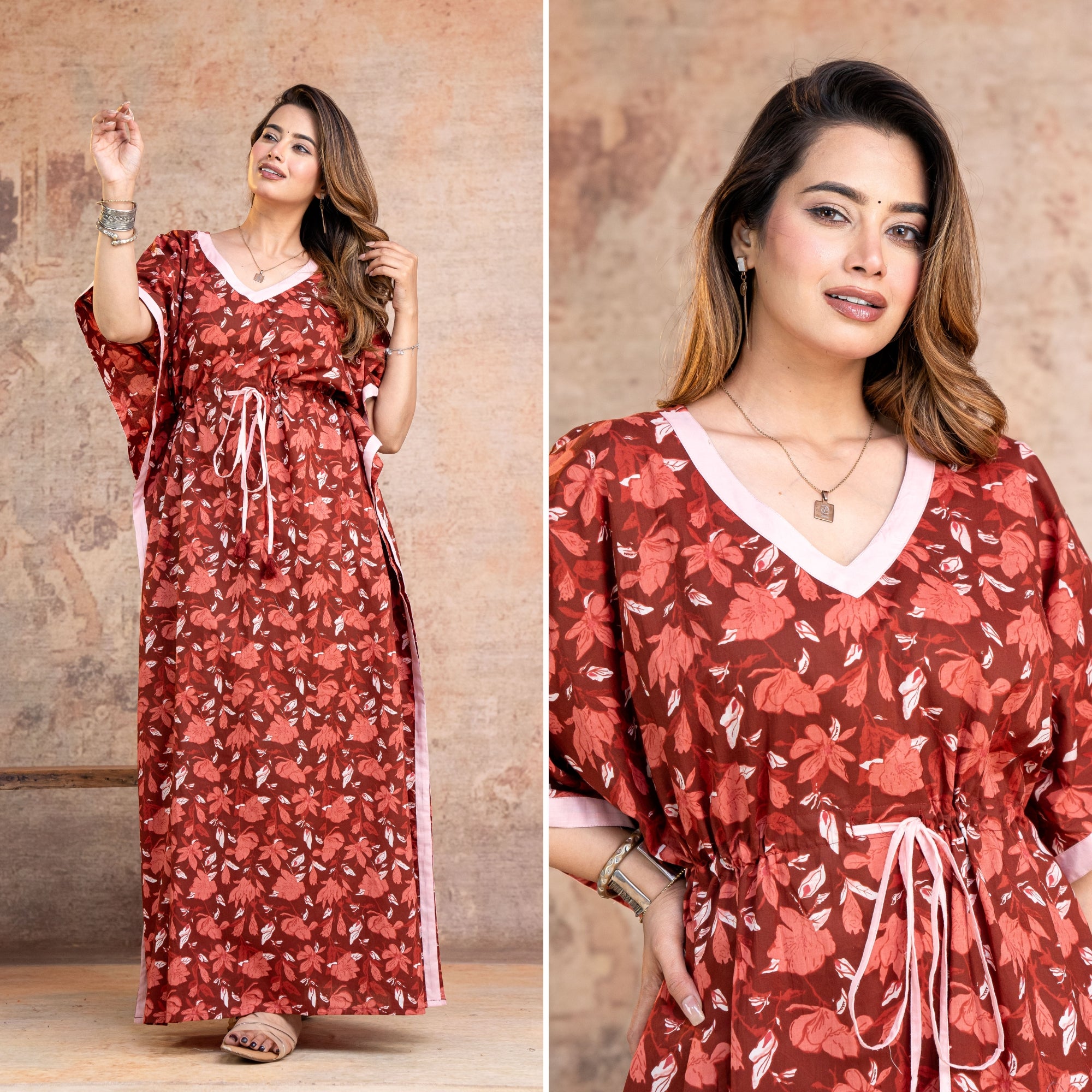 Lotus Leaves Maroon Loungewear Cotton Kaftan