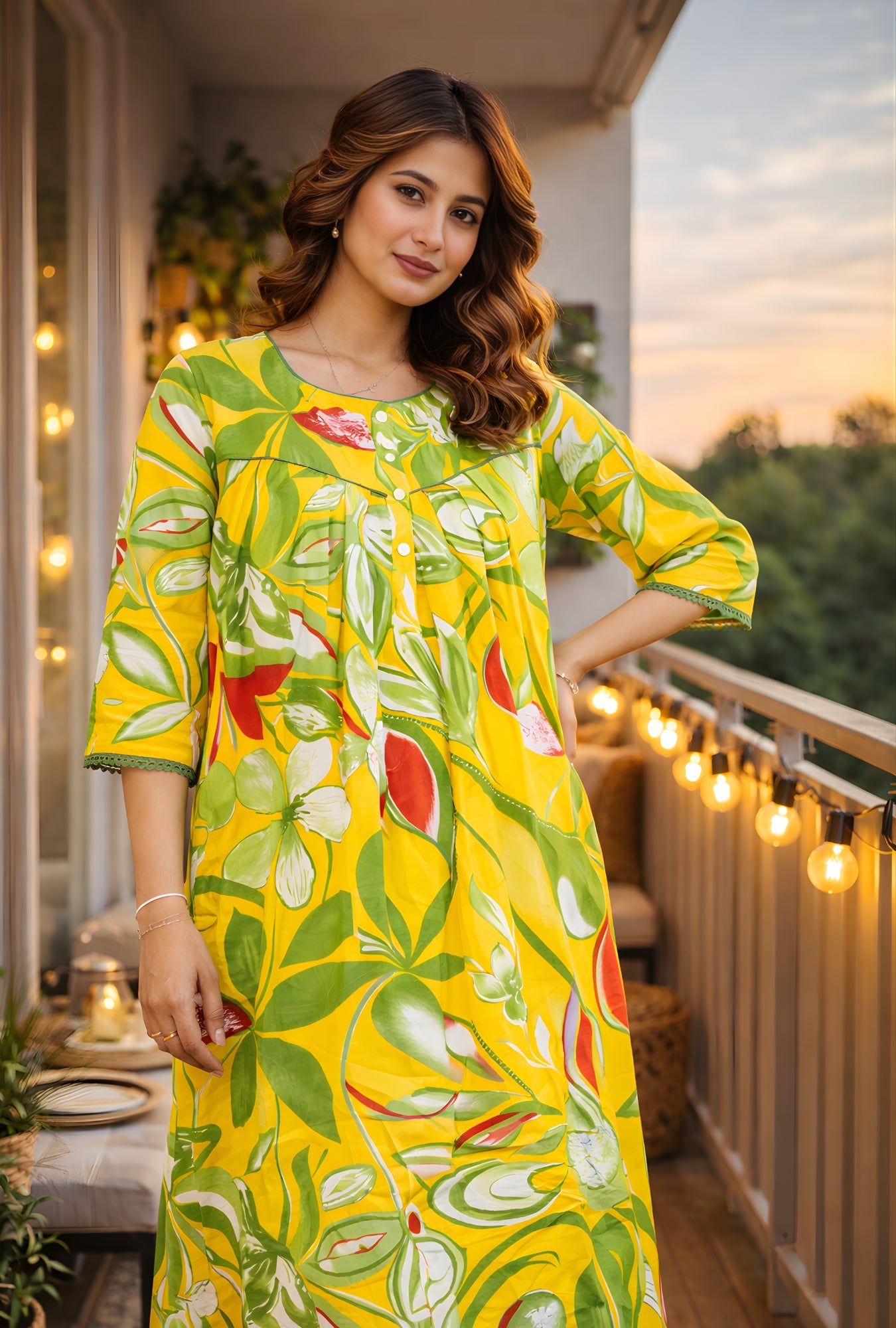 Tropical Breeze Yellow Floral Cotton Night Gown