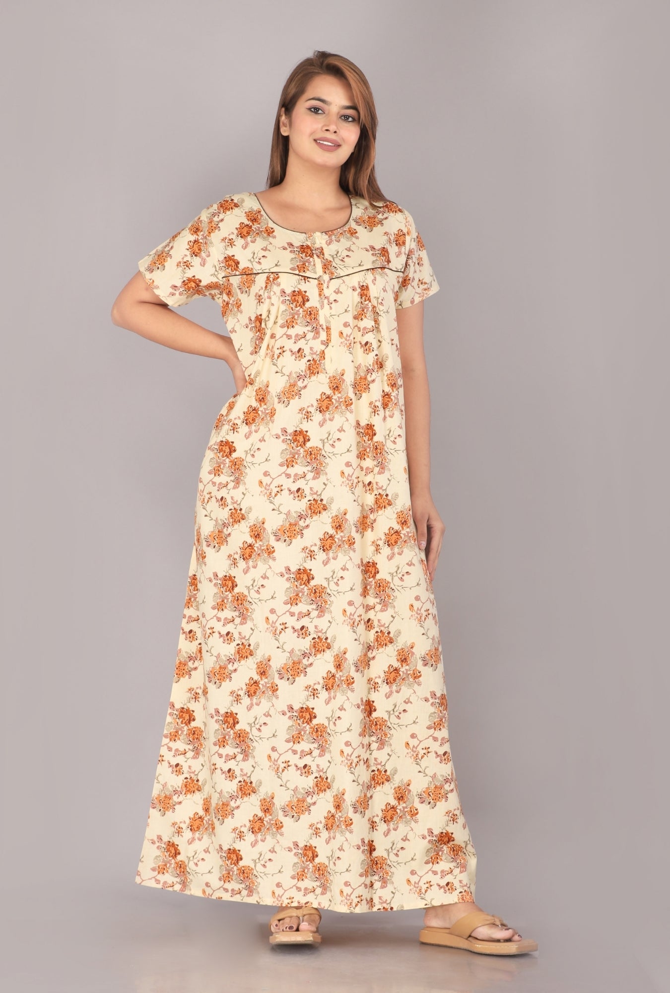 Wasp Flower Beige Cotton Printed Nightwear Gowns