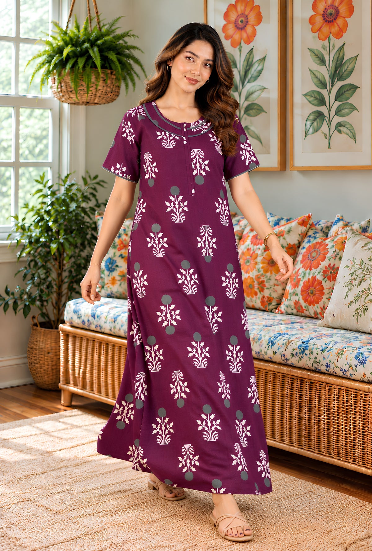 Imperial Bloom Magenta Printed Cotton Night Gown