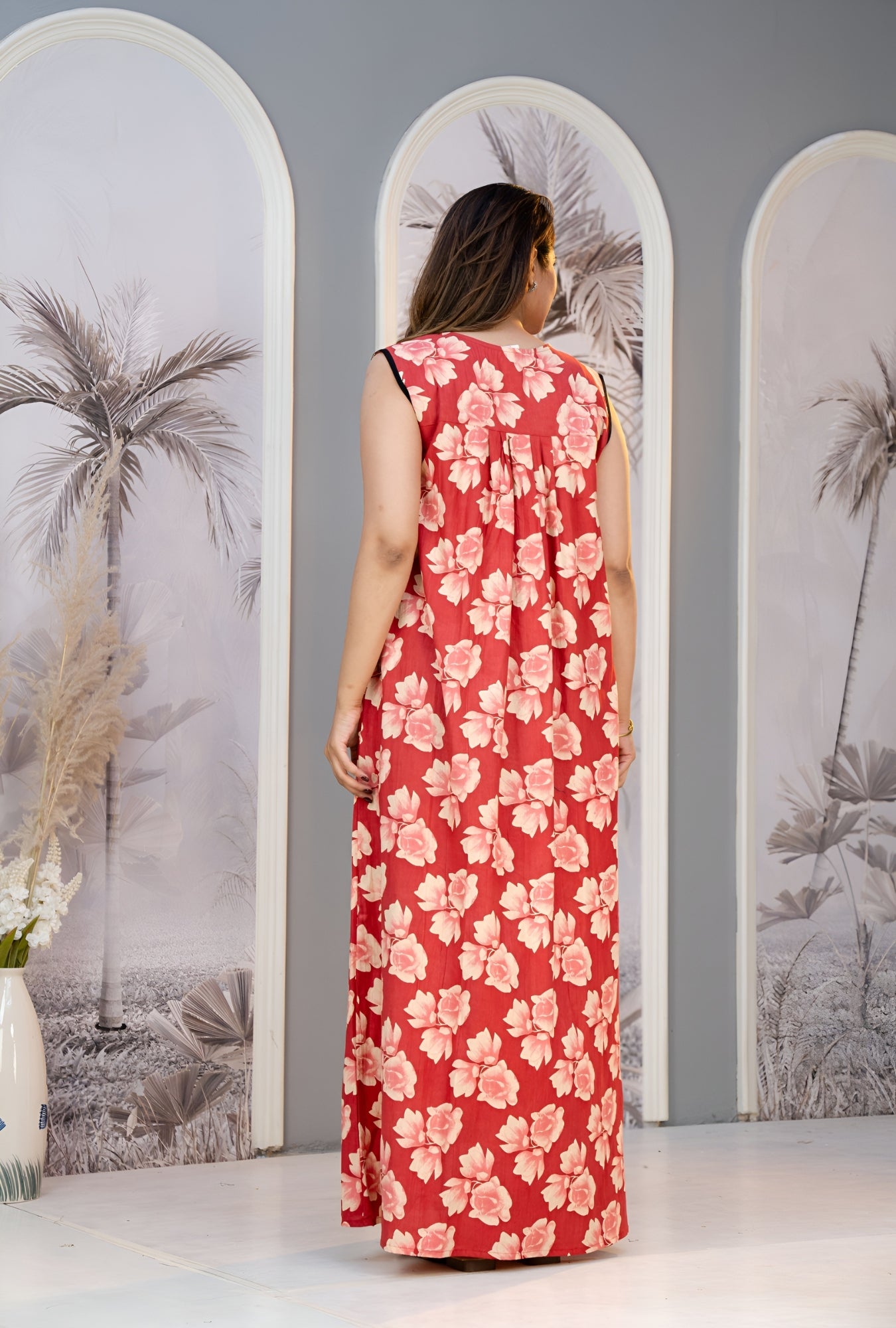 Coral Blossom Sleeveless Cotton Night Gown