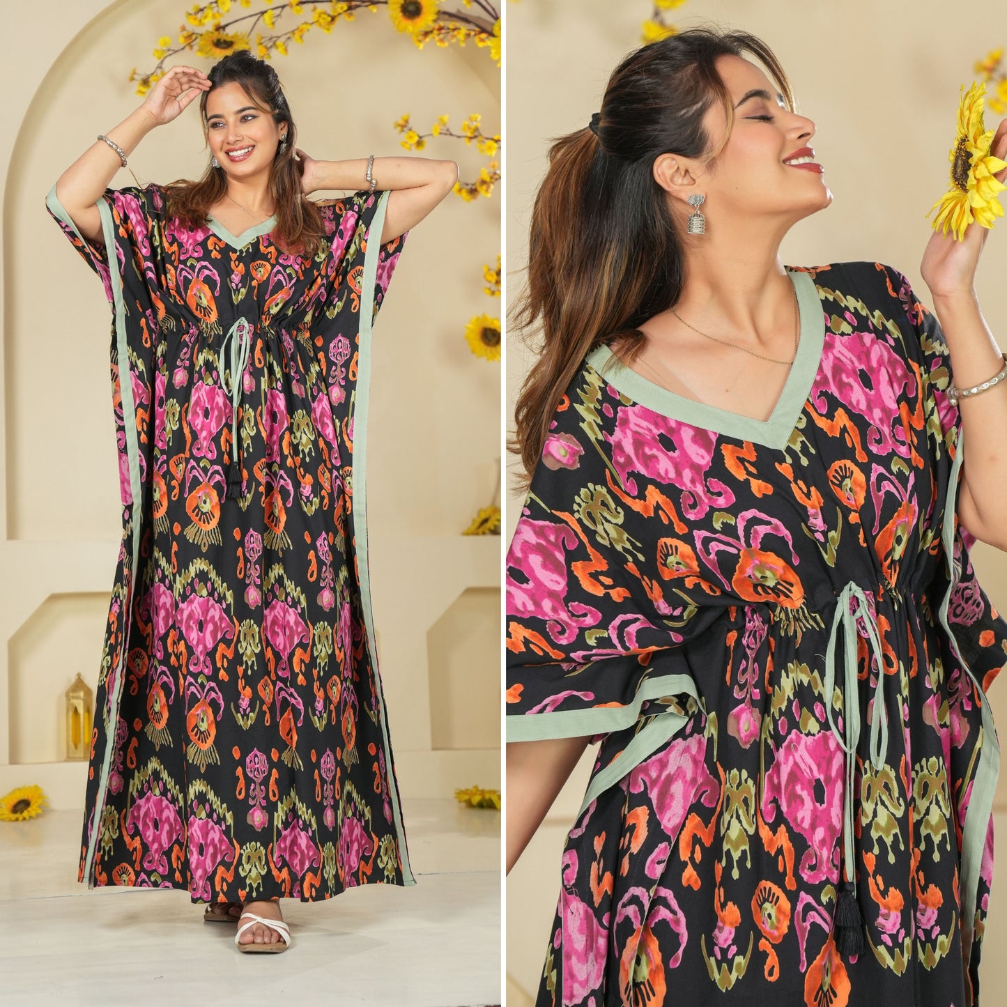 Ikkat Black Loungewear Cotton Kaftan