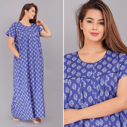 Gulmohar Blue Cotton Printed Nightwear Gowns