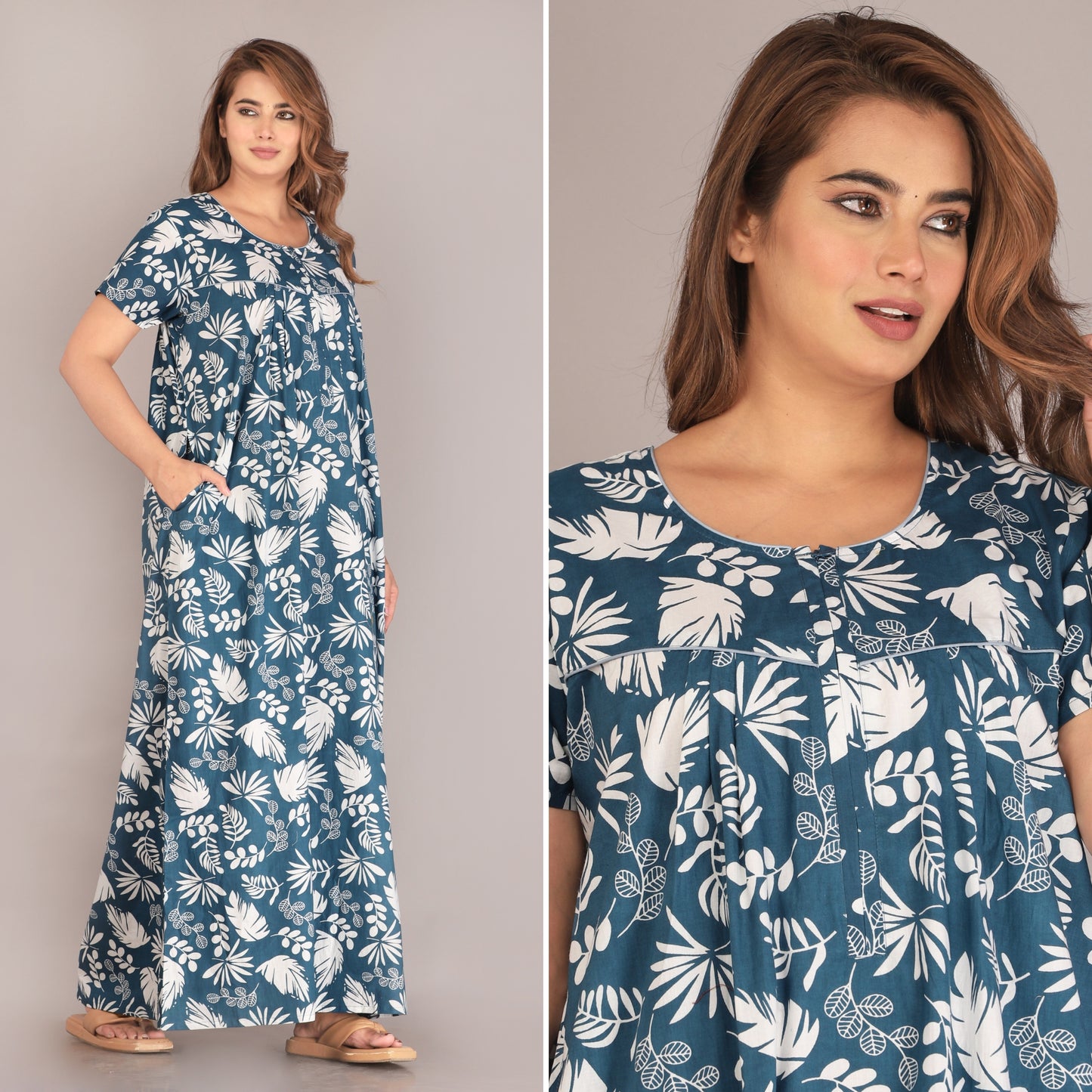 Pine Leaf Blue Cotton Printed Nightwear Gowns