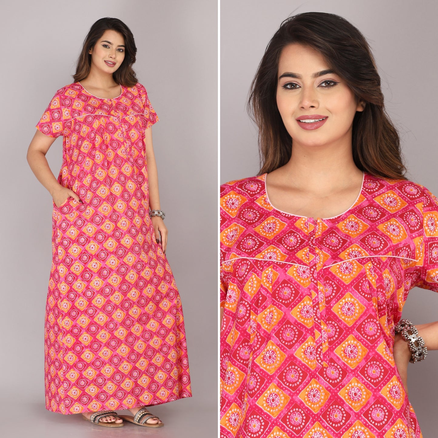 Meenakari Pink Cotton Printed Nightwear Gowns