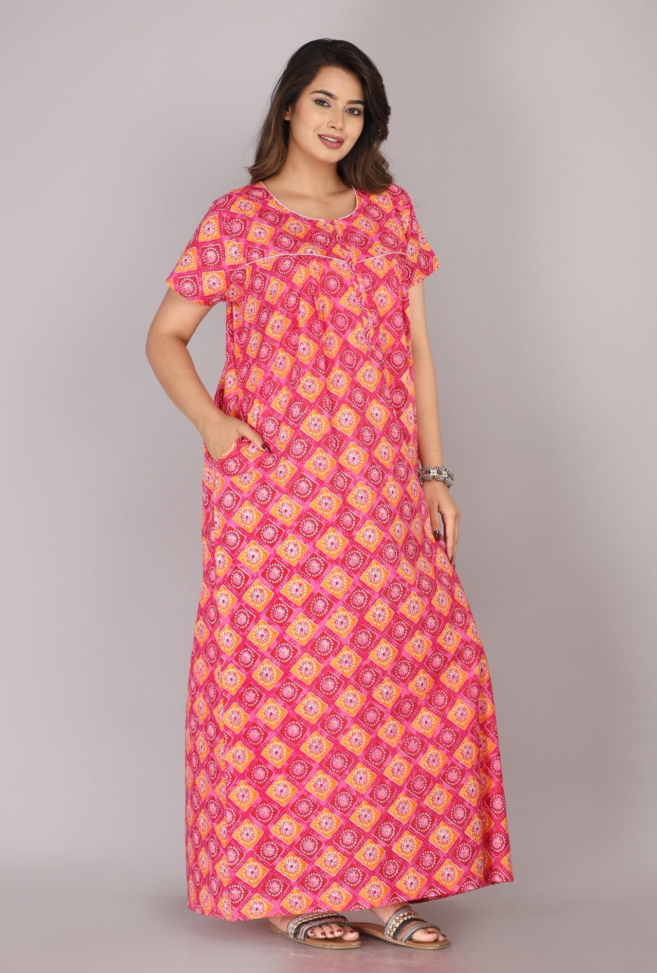 Meenakari Pink Cotton Printed Nightwear Gowns