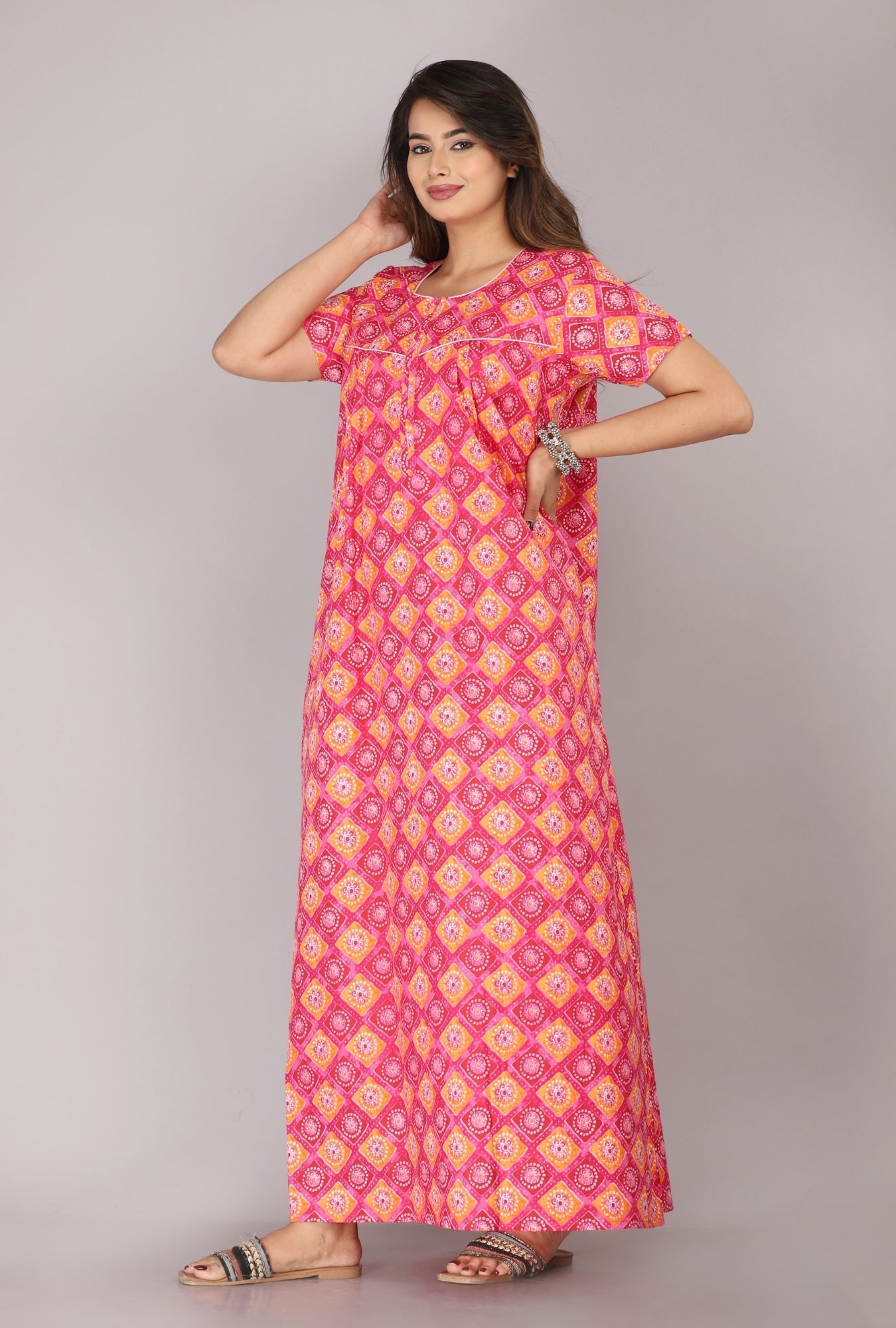 Meenakari Pink Cotton Printed Nightwear Gowns