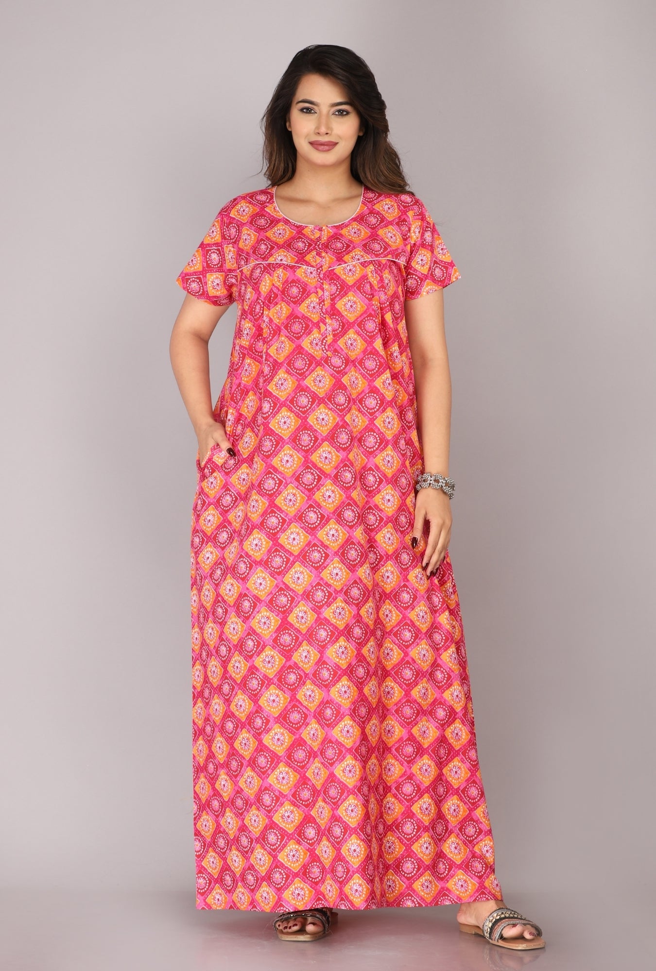 Meenakari Pink Cotton Printed Nightwear Gowns