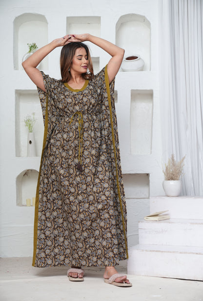 Coffee Grey Flower Loungewear Cotton Kaftan