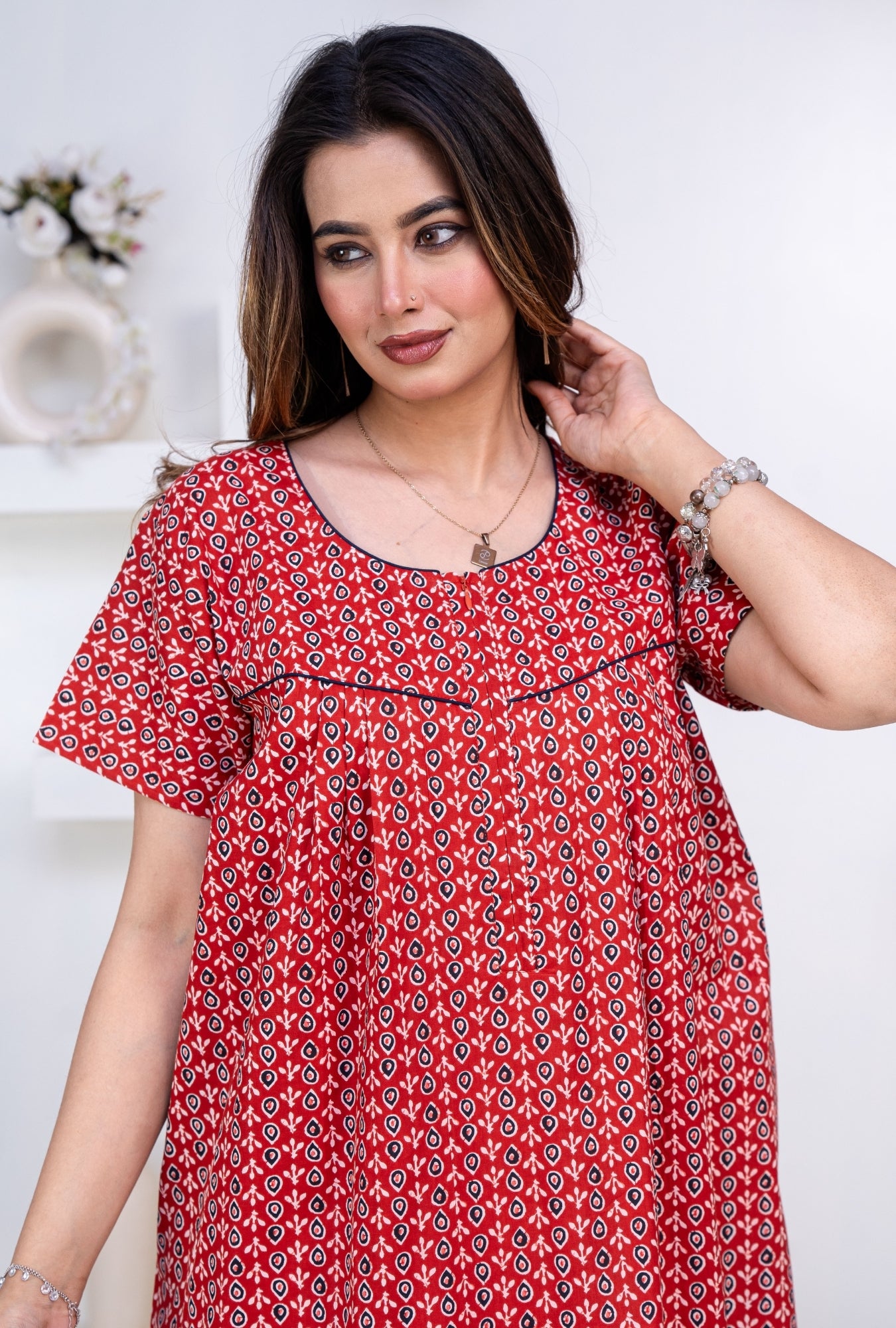 Drop Buti Red Cotton Printed Nightwear Gowns