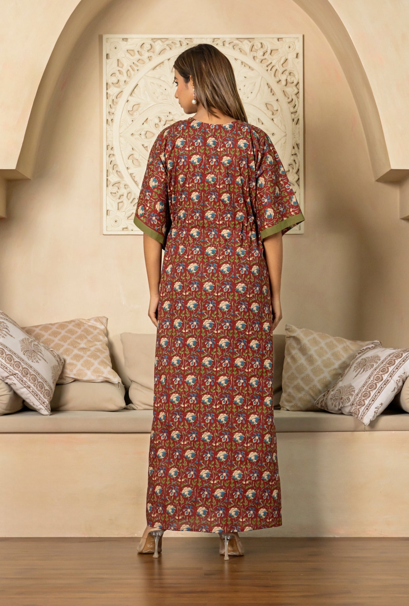 Serene Pattern Maroon Cotton Loungewear Kaftan