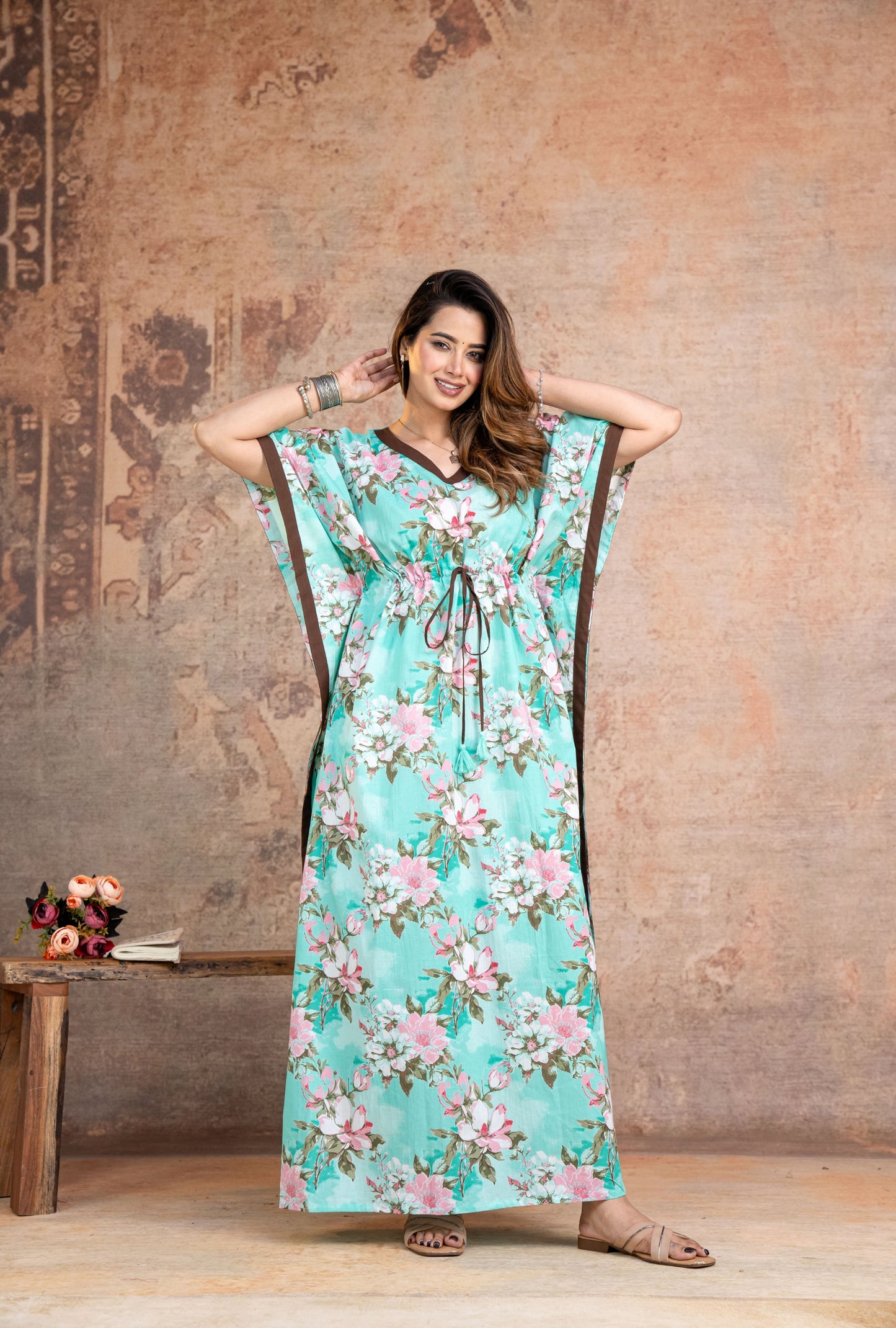 Blossom Flower Green Loungewear Cotton Kaftan