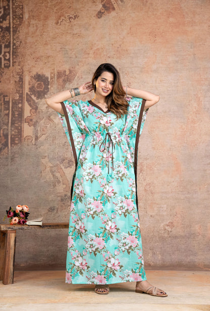 Blossom Flower Green Loungewear Cotton Kaftan
