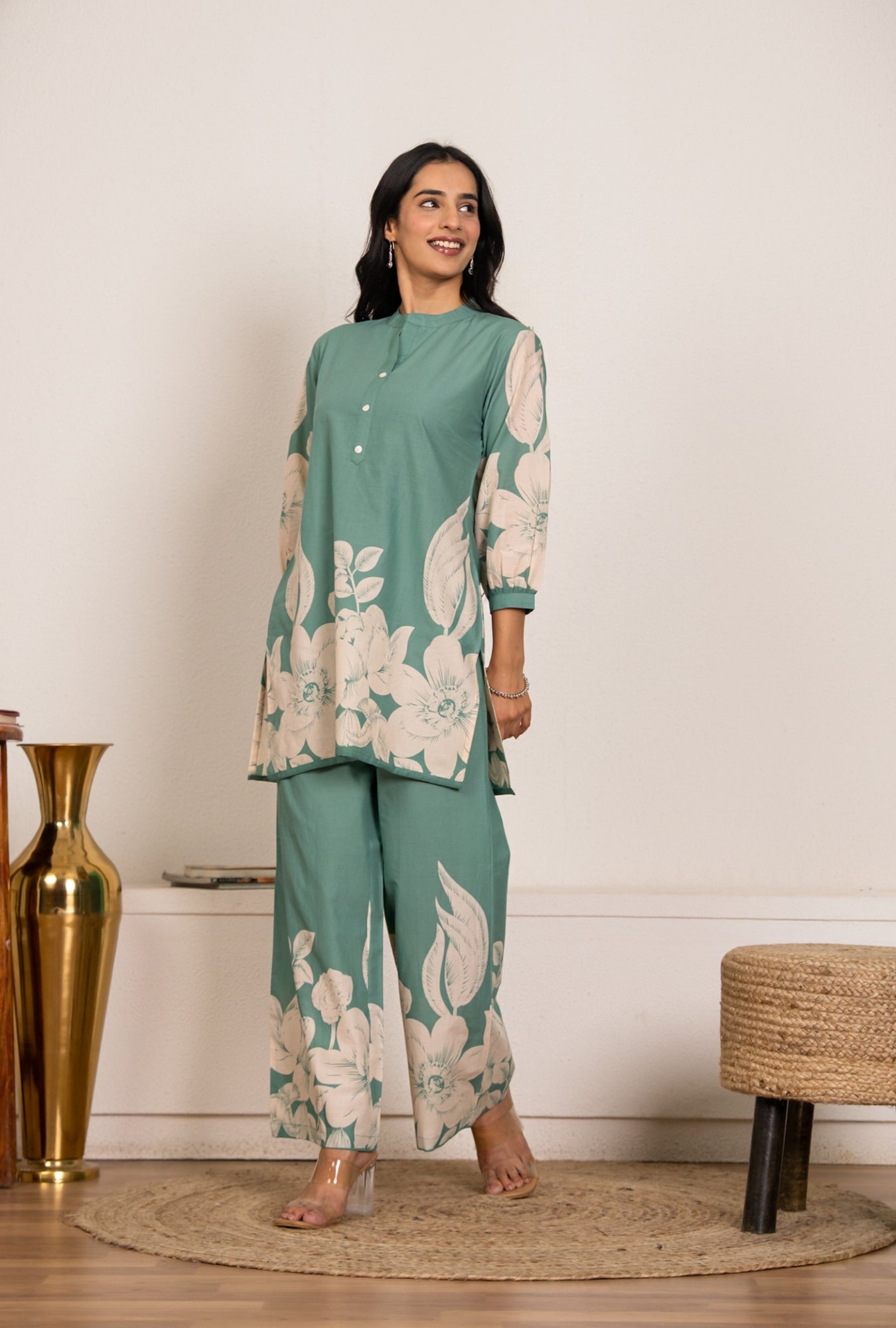 Cool Mint Sea Green Printed Cotton Co-ords Set