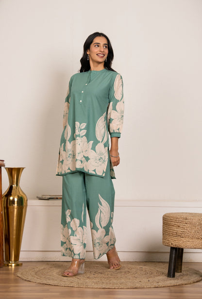Cool Mint Sea Green Printed Cotton Co-ords Set