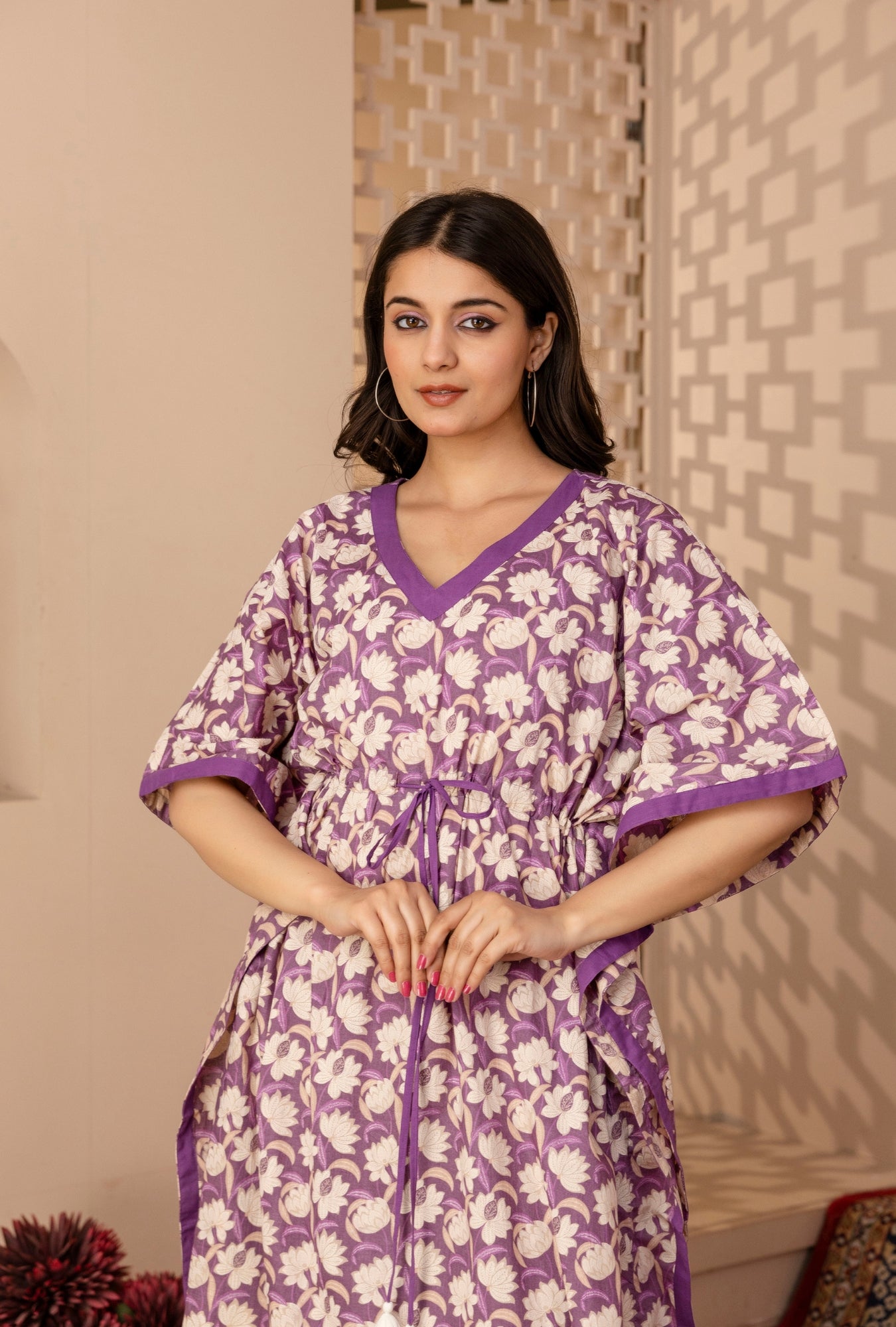 Modern Petals Purple Printed Cotton Loungewear Kaftan