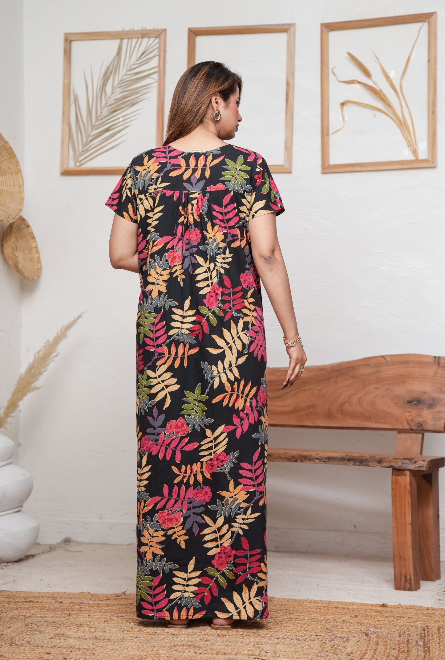 Neem Leaves Black Cotton Printed Nightwear Gowns