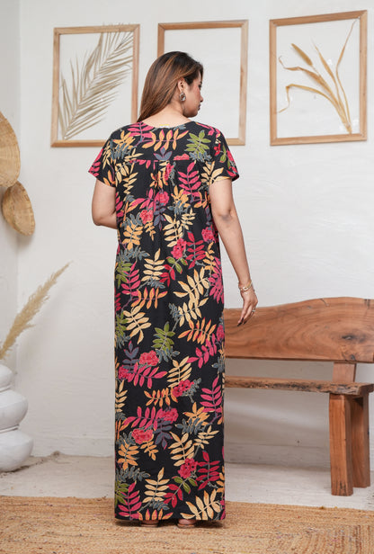Neem Leaves Black Cotton Printed Nightwear Gowns