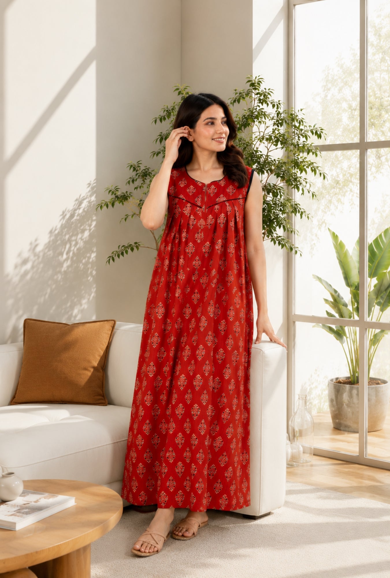 Terracotta Bloom Rust Sleeveless Cotton Night Gown