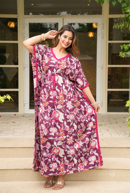 Velvet Petals Maroon Loungewear Cotton Kaftan