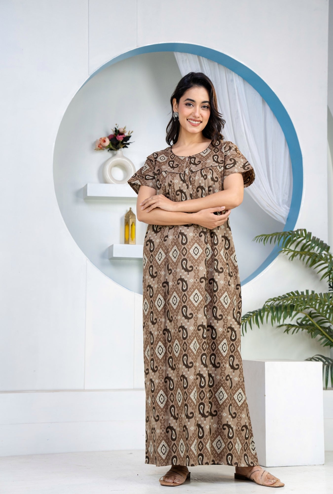 Ikkat Kairy Coffee Cotton Printed Nightwear Gowns
