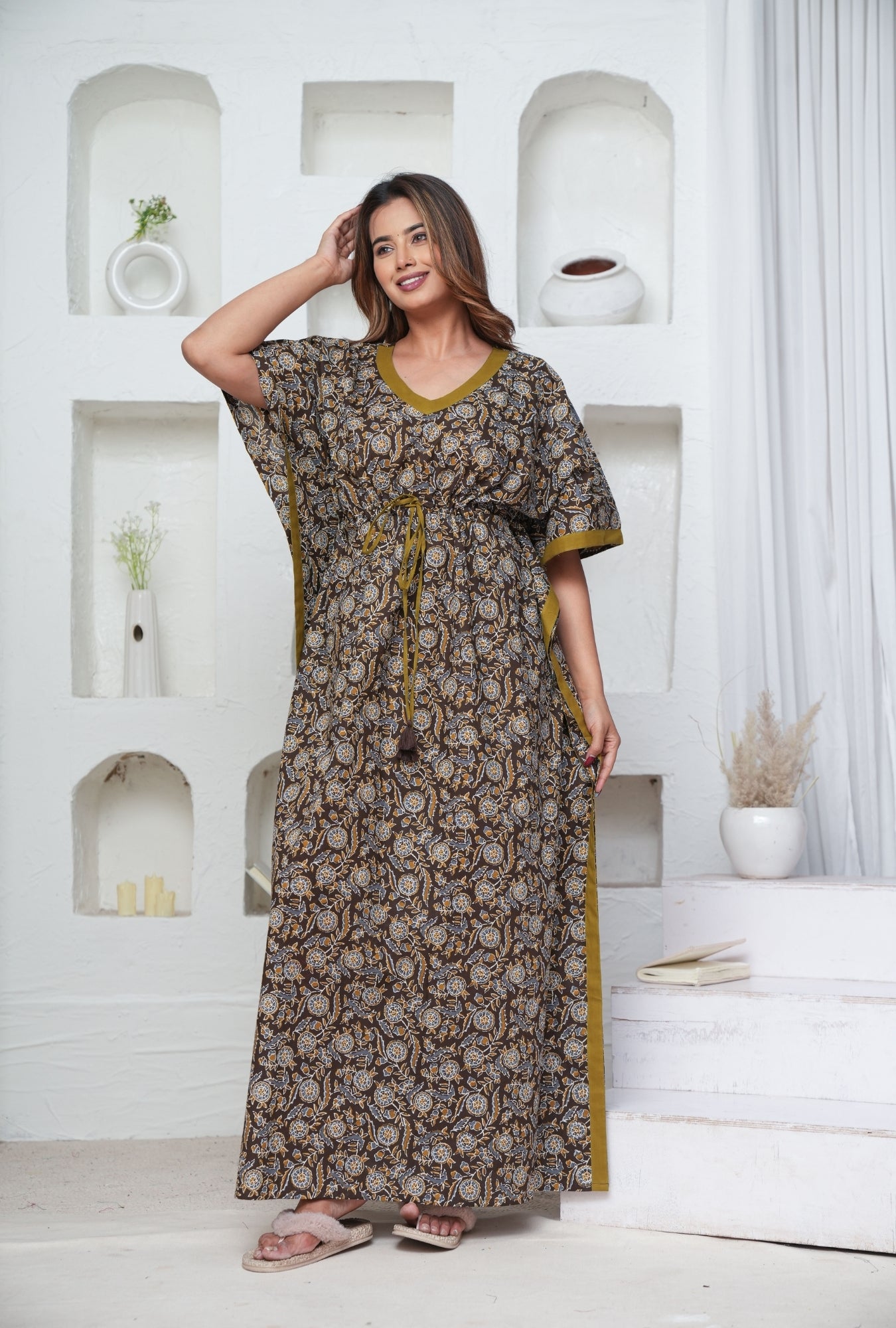 Coffee Grey Flower Loungewear Cotton Kaftan