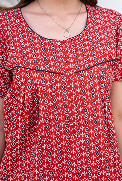 Drop Buti Red Cotton Printed Nightwear Gowns