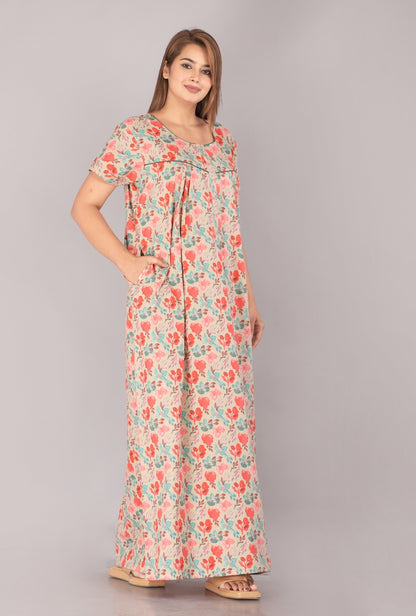 Bell Flower Grey Cotton Printed Nightwear Gowns