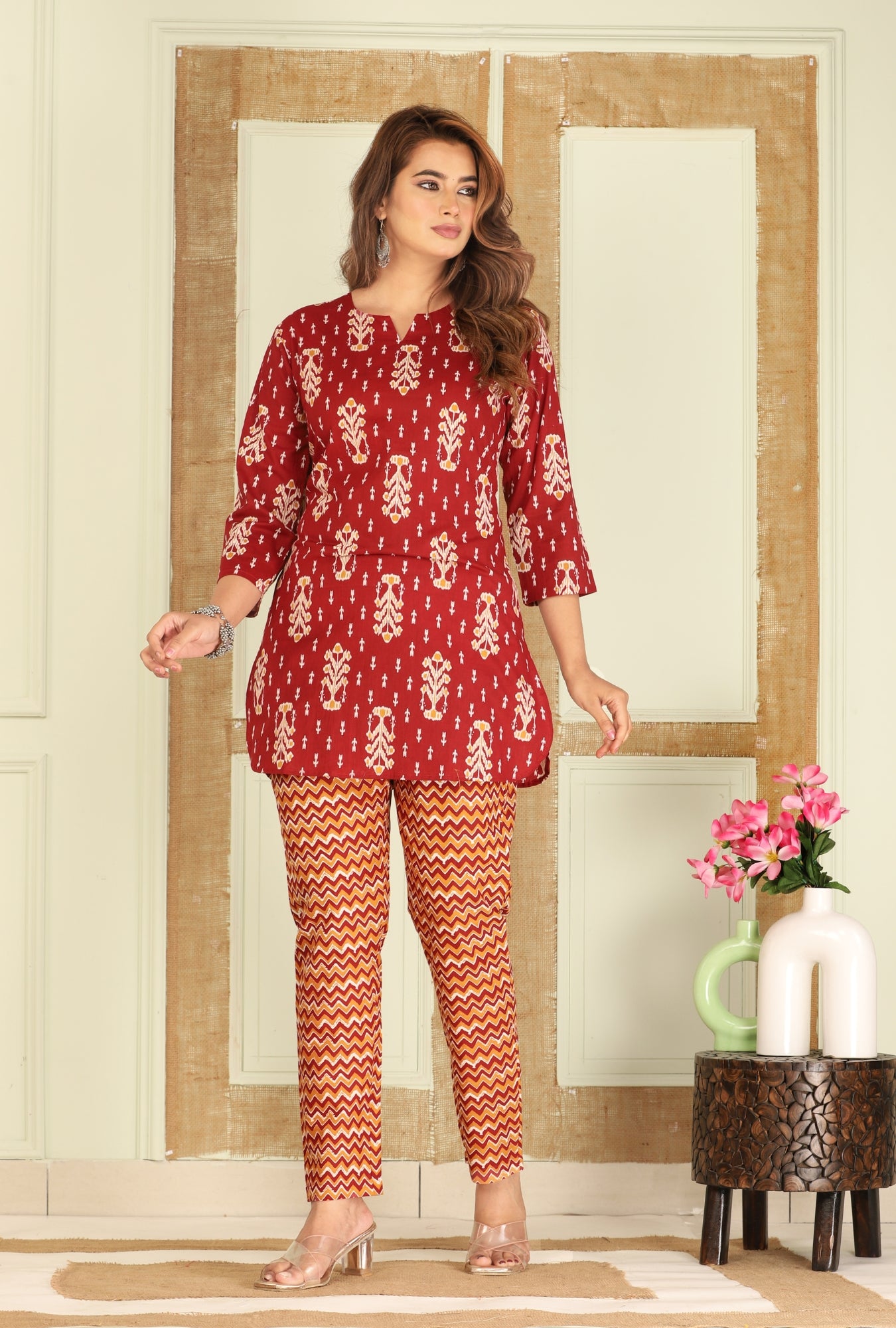 Ikat Infinity Maroon Cotton Loungewear set