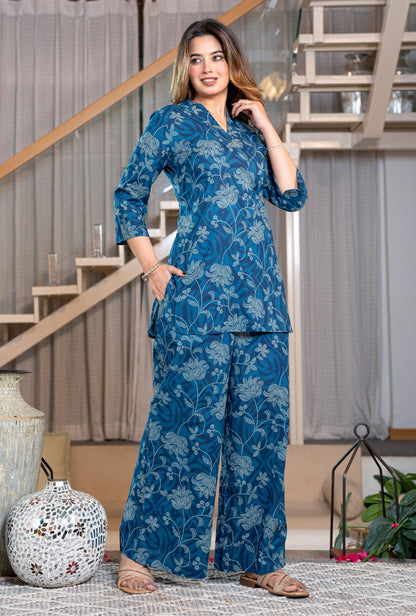 Desert Bloom Blue Printed Cotton Co-ords Set