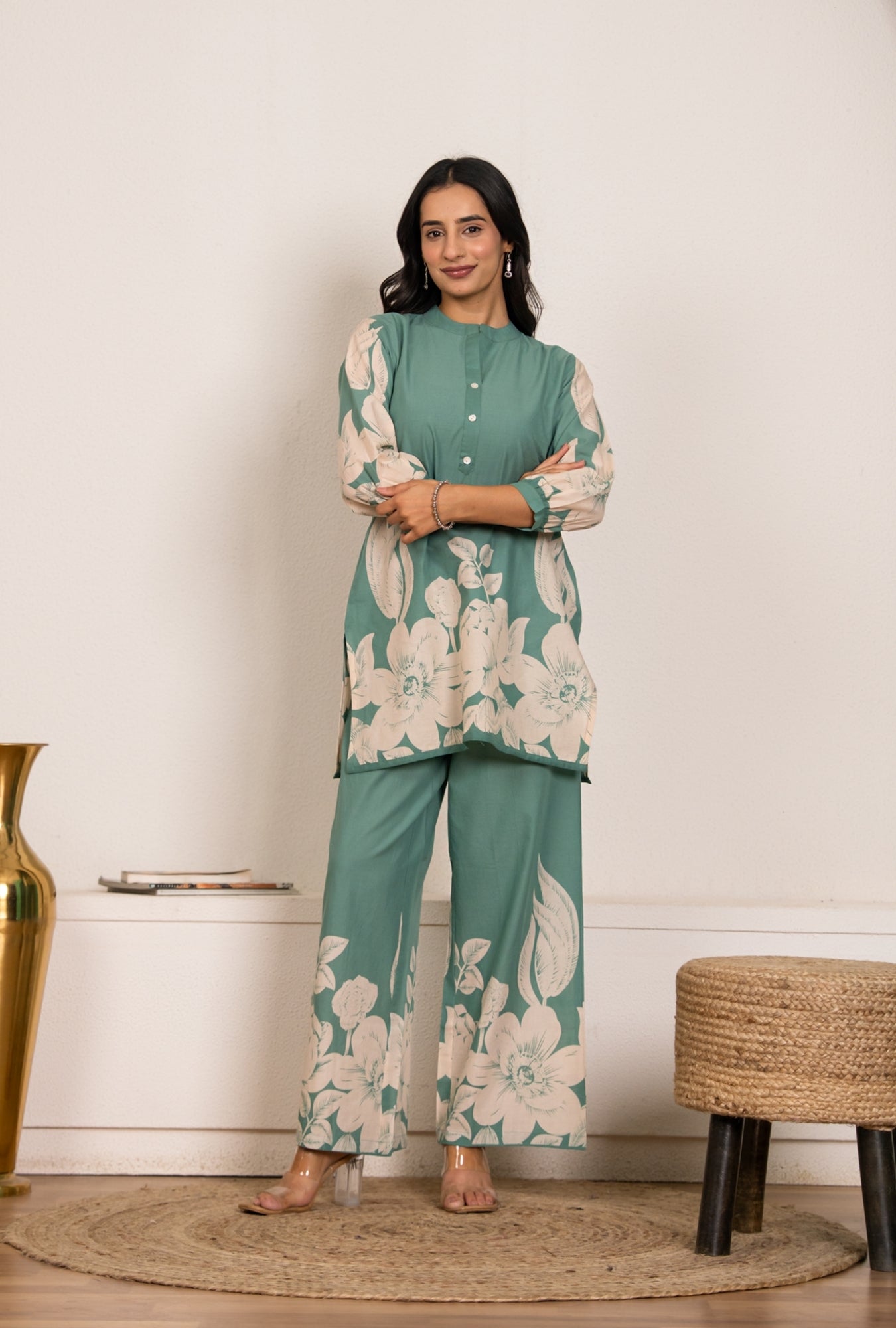 Cool Mint Sea Green Printed Cotton Co-ords Set
