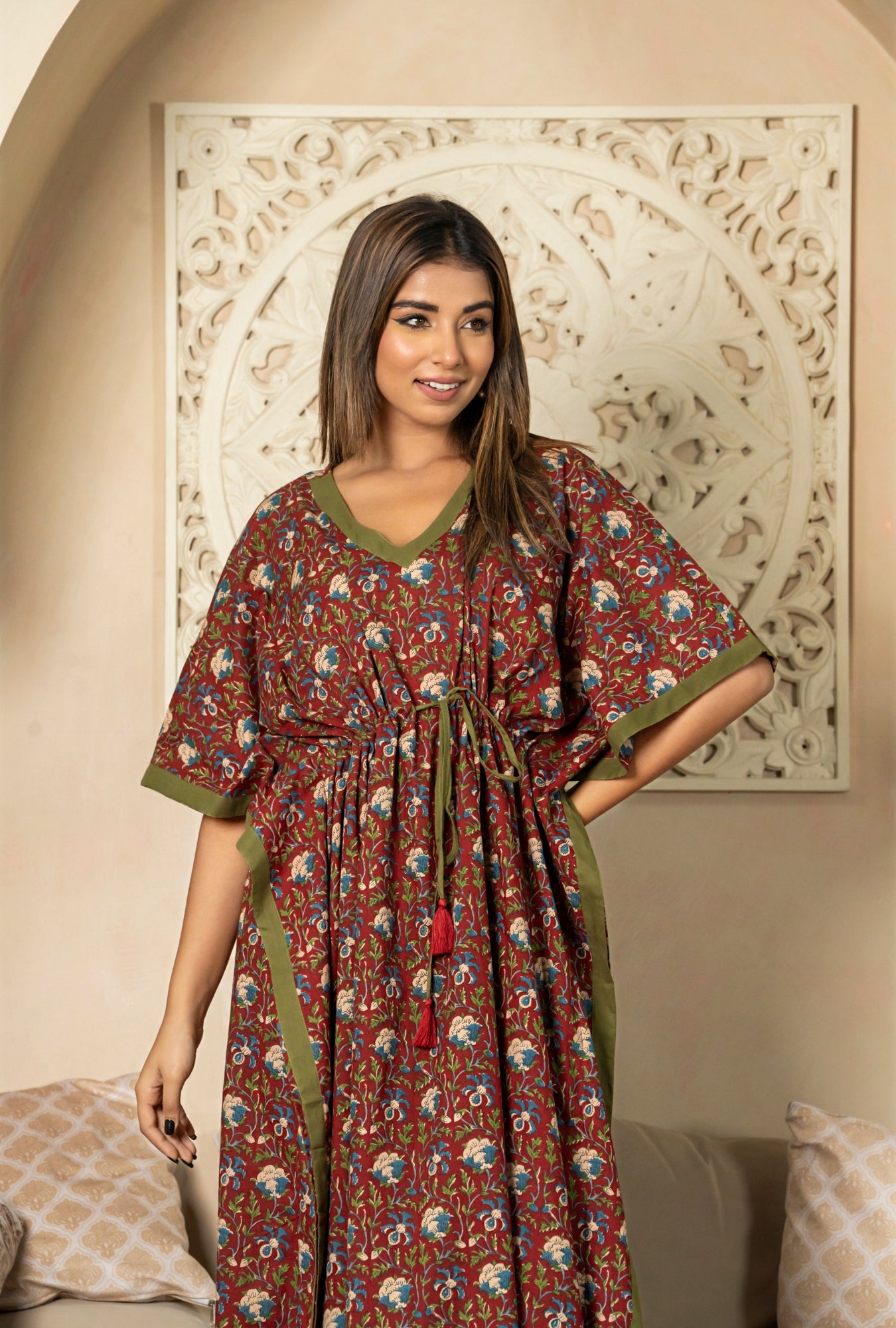 Serene Pattern Maroon Cotton Loungewear Kaftan