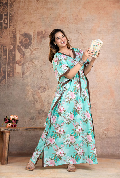 Blossom Flower Green Loungewear Cotton Kaftan