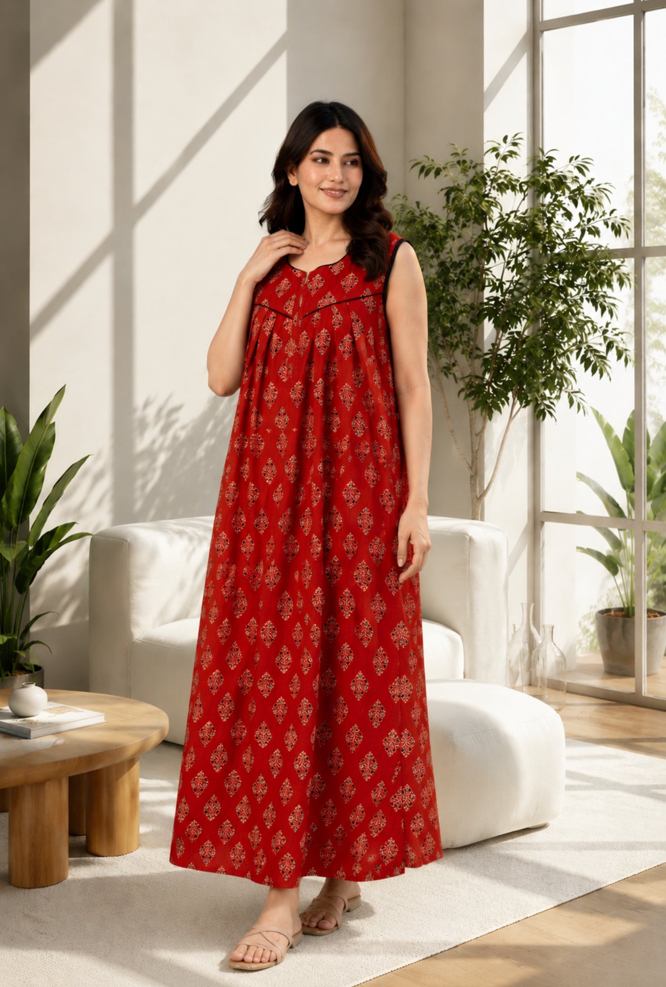 Terracotta Bloom Rust Sleeveless Cotton Night Gown