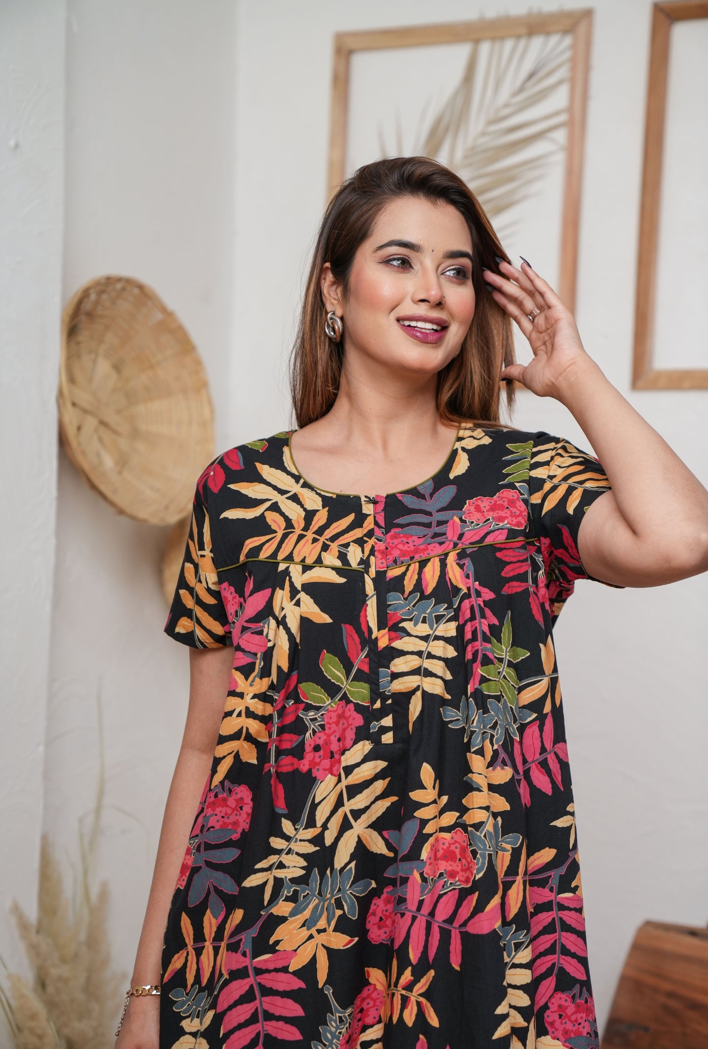 Neem Leaves Black Cotton Printed Nightwear Gowns