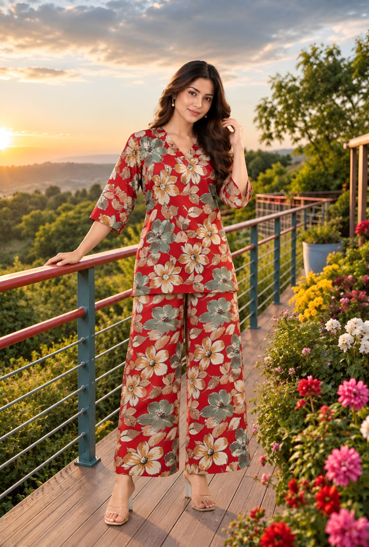 Lapis Flora Red Printed Cotton Co-ords Set