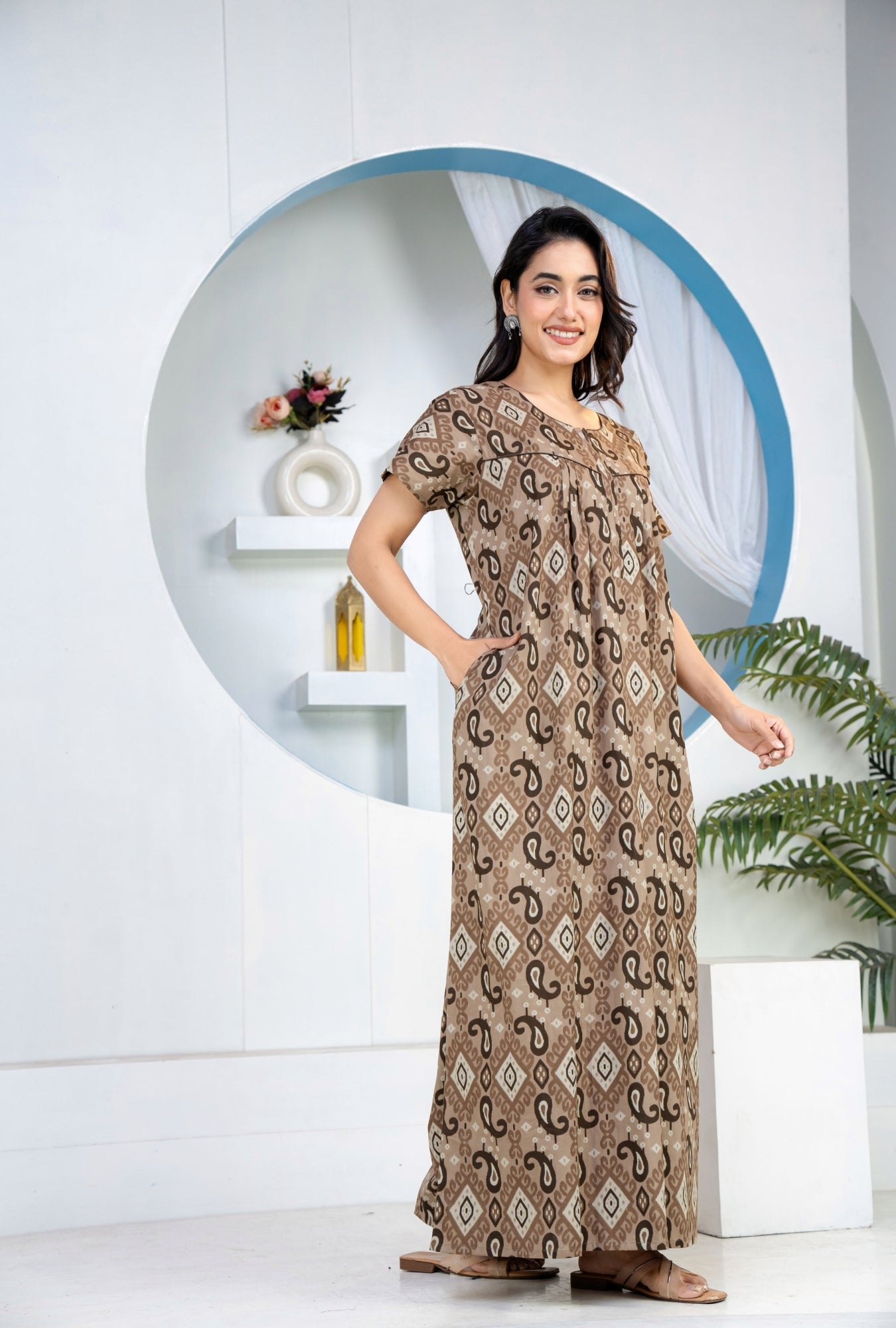 Ikkat Kairy Coffee Cotton Printed Nightwear Gowns