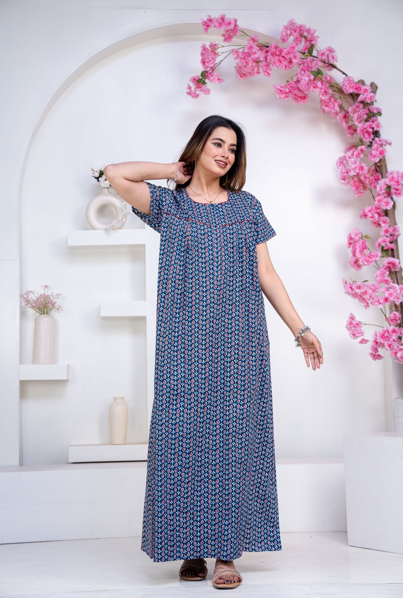 Drop Buti Blue Cotton Printed Nightwear Gowns
