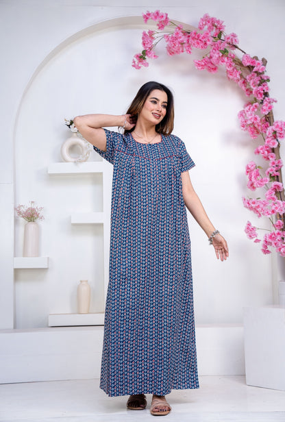 Drop Buti Blue Cotton Printed Nightwear Gowns