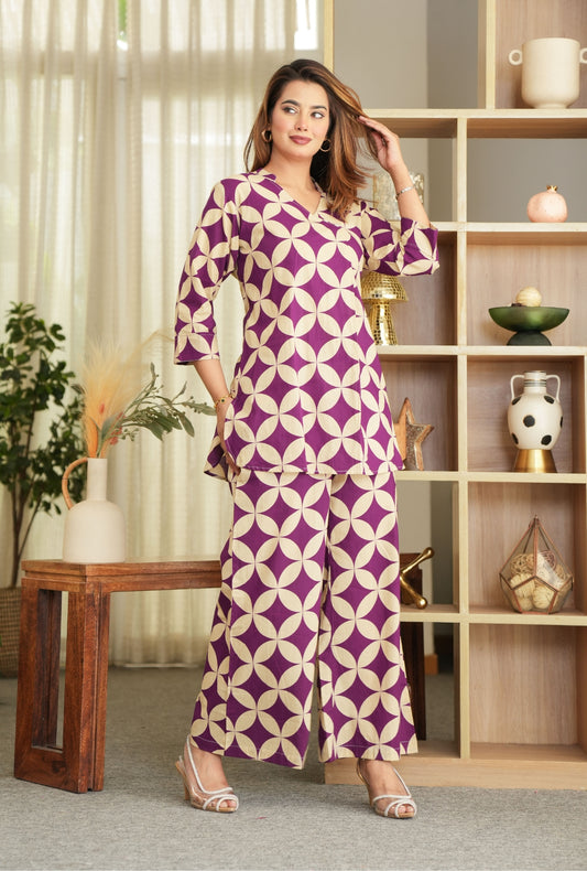 Cubika Purple Printed Cotton Co-ords Set