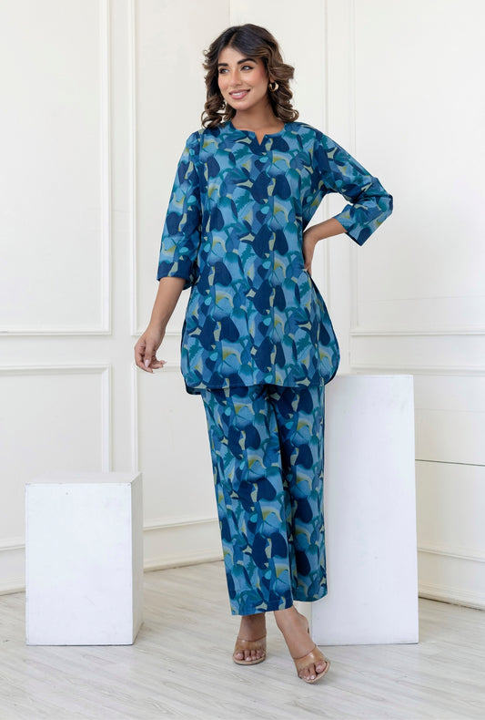 Hexa Blue Cotton Loungewear Co-ords Set