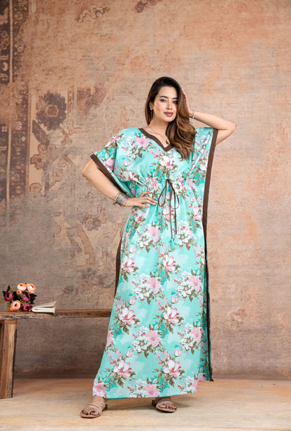 Blossom Flower Green Loungewear Cotton Kaftan