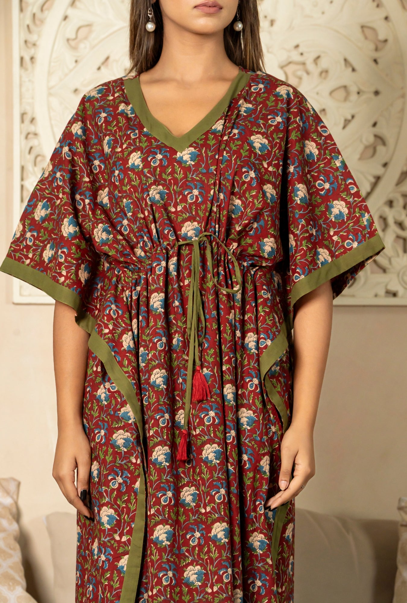 Serene Pattern Maroon Cotton Loungewear Kaftan