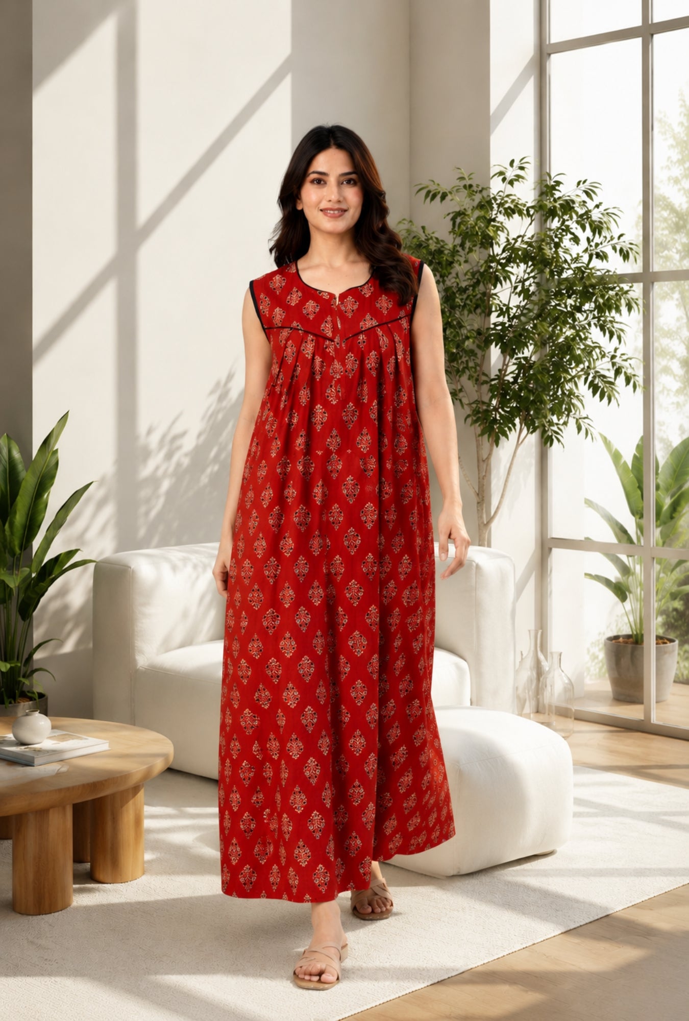 Terracotta Bloom Rust Sleeveless Cotton Night Gown