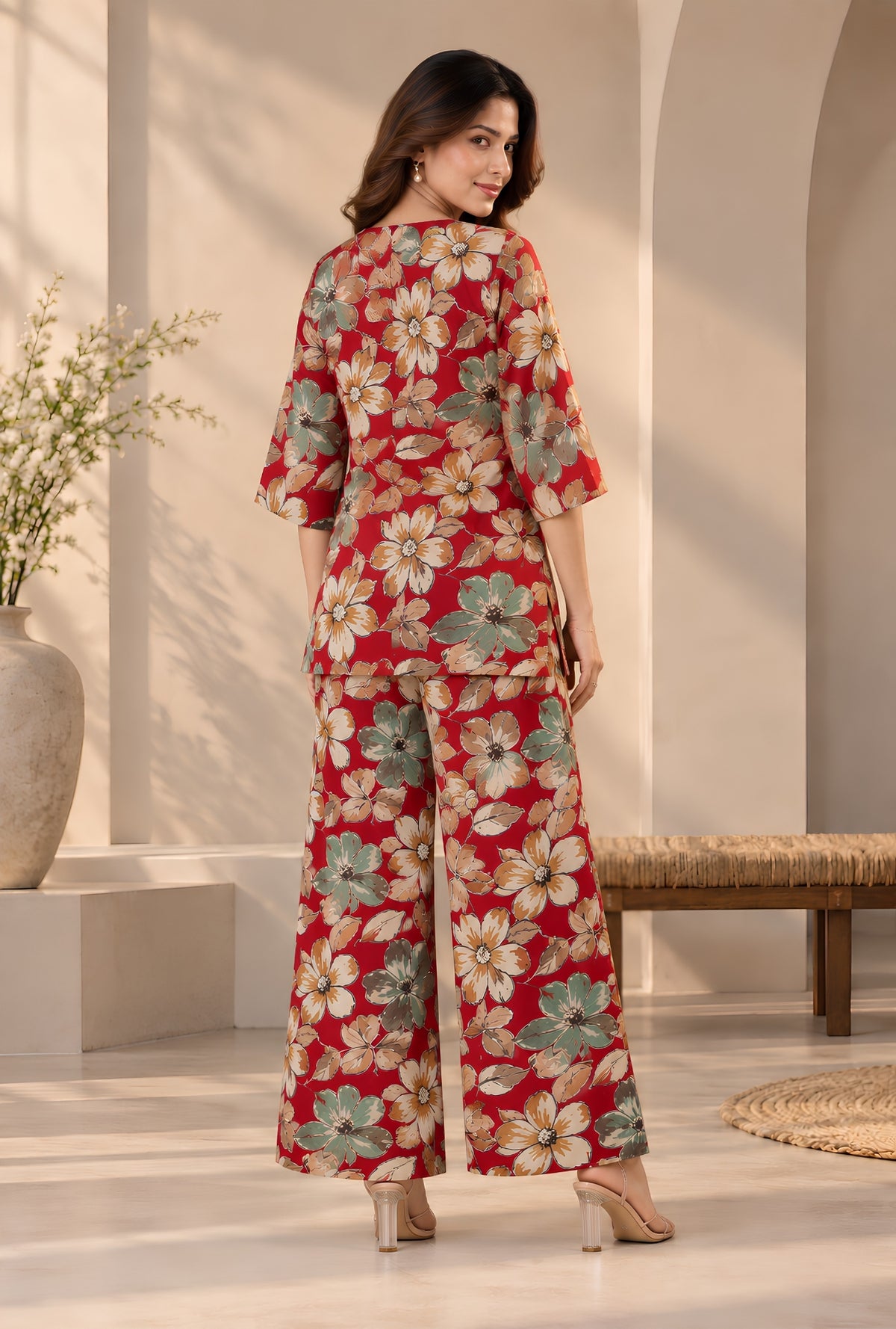 Lapis Flora Red Printed Cotton Co-ords Set