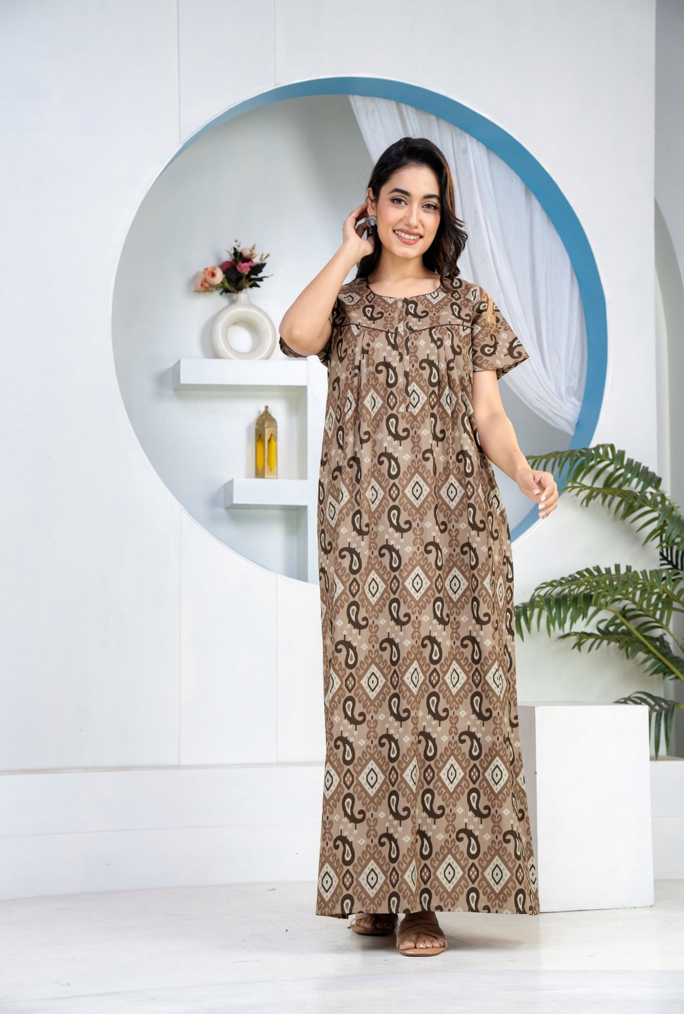 Ikkat Kairy Coffee Cotton Printed Nightwear Gowns