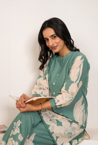 Cool Mint Sea Green Printed Cotton Co-ords Set