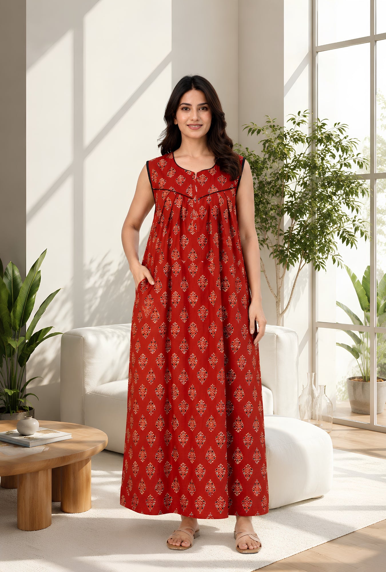 Terracotta Bloom Rust Sleeveless Cotton Night Gown